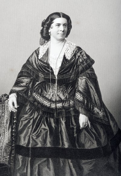 Madame Anna Bishop (1810-84), D.J. Poundin valokuvasta kaiverrettu, Lontoossa 1860 julkaistusta teoksesta "The Drawing-Room of Eminent Personages, Volume 2". tekijältä John Jabez Edwin Paisley Mayall