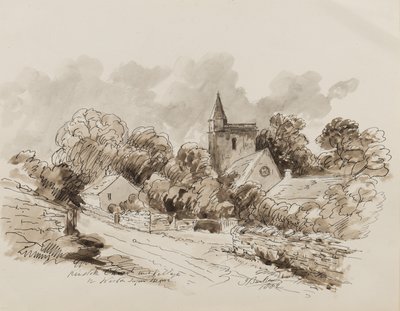 Kewstoke Church and Village, Weston Super Mare, Somerset, 1882 (kynä, sivellin ja muste paperille) tekijältä John Joseph Barker