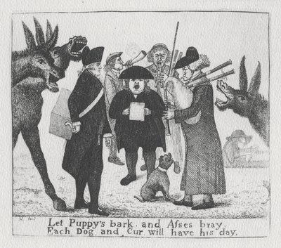 Anna pentujen haukkua ja aasien haukkua, jokaisella koiralla ja curilla on päivänsä, 1784 tekijältä John Kay