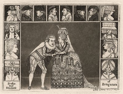 Mary Ann Yates ja Laurence Clinch esittävät Braganzan herttua ja herttuatarta Braganzassa yleisön jäsenten ympäröimänä. 1785 tekijältä John Kay