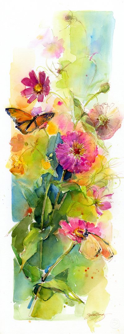 Zinniat ja perhoset, 2015, (akvarelli) tekijältä John Keeling