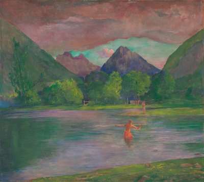 Tautira-joen sisäänkäynti, Tahiti. Kalastaja keihäs kalaa tekijältä John La Farge