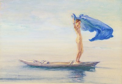 Tyttö kanootin keulassa levittämässä lanteestaan purjeeseen, Samoa, n. 1895-1896 (wc ja guassi laivalla) tekijältä John La Farge or Lafarge