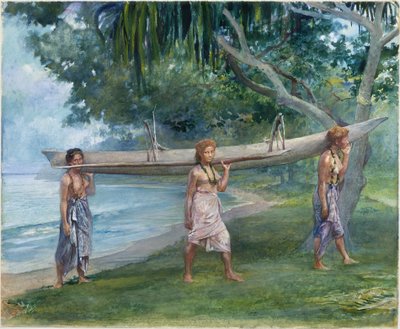 Tytöt kantavat kanoottia, Vaiala, Samoa tekijältä John La Farge or Lafarge