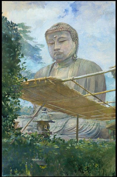 Suuri Amida Buddhan patsas Kamakurassa, joka tunnetaan nimellä Daibutsu, papin puutarhasta katsottuna tekijältä John La Farge or Lafarge