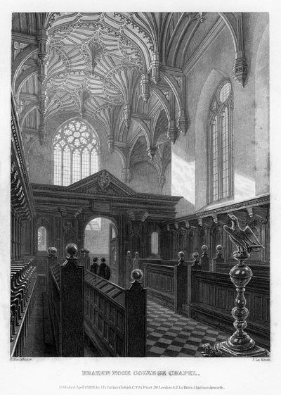 Brazen Nose Brasenose Collegen kappeli, Oxfordin yliopisto, 1835. tekijältä John Le Keux