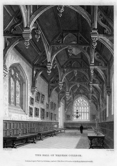 Oxfordin yliopiston Wadham Collegen sali, 1836. tekijältä John Le Keux