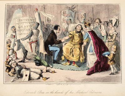 Edwardin käsi hänen lääketieteellisten neuvonantajiensa käsissä, Englannin sarjakuvahistoriasta, pub. 1864 (käsinvärinen etsaus) tekijältä John Leech