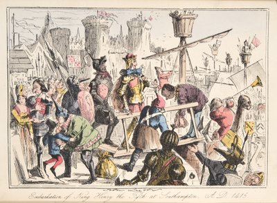 Henry V.:n alukseen Southamptonissa 1415 jKr., Englannin sarjakuvahistoriasta, pub. 1864 (käsinvärinen etsaus) tekijältä John Leech