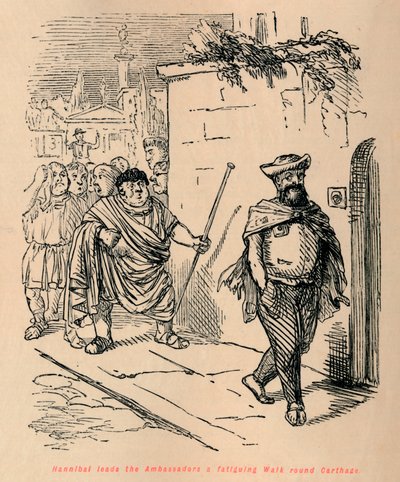 Hannibal johdattaa lähettiläitä väsyttävän kävelyn Carthagen ympäri, 1852 tekijältä John Leech