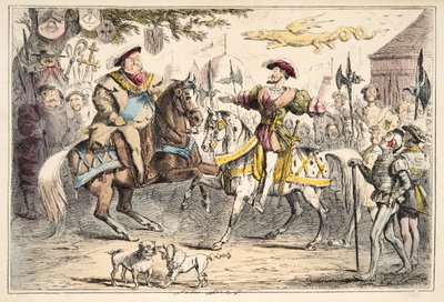 Henry VIII tapaa Francis I:n, Englannin sarjakuvahistoriasta, pub. 1864 (käsinvärinen etsaus) tekijältä John Leech