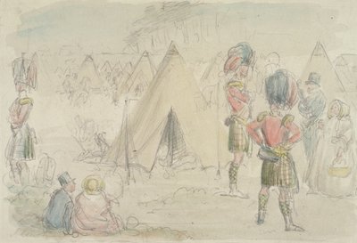 Highland rykmentti leirillä (wc ja grafiitti paperilla) tekijältä John Leech