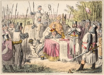 Kuningas Johannes allekirjoittamassa Magna Cartaa, teoksesta The Comic History of England, pub. 1864 (käsin väritetty etsaus) tekijältä John Leech