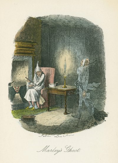 Marleyn haamu ilmestyy Scroogelle. John Leechin (1817-64) kuvitus Charles Dickensille Joululaulu, Lontoo 1843-1844. tekijältä John Leech