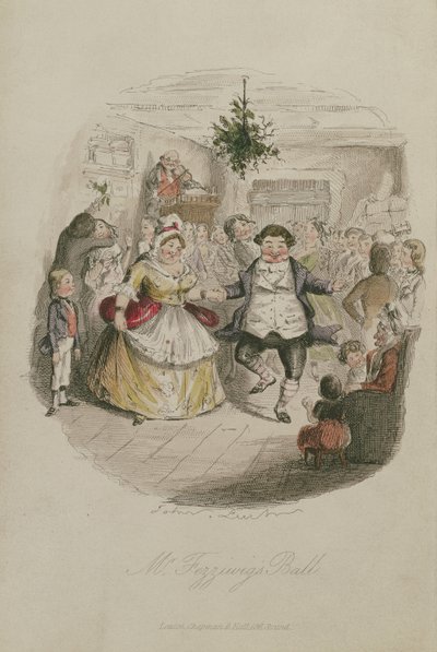Mr Fezzywigs Ball, kuvitus Charles Dickensin (1812-1870) teoksesta A Christmas Carol, julkaistu 1843 (käsin väritetty kaiverrus). tekijältä John Leech