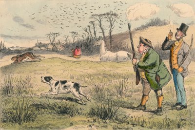 Mr. Jogglebury Crowdey koiransa ja aseensa kanssa, 1860-luku. tekijältä John Leech