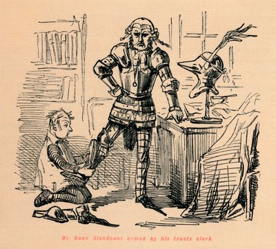 Herra Owen Glendower luotettavan virkailijansa aseistautunut, c1860, c1860 tekijältä John Leech