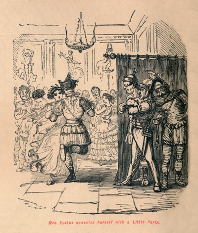Rouva Sextus lohduttaa itseään pikkujuhlilla, 1852 tekijältä John Leech