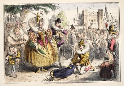 Kuningatar Elizabeth ja Sir Walter Raleigh, Englannin sarjakuvahistoria, pub. 1864 (käsinvärinen etsaus) tekijältä John Leech
