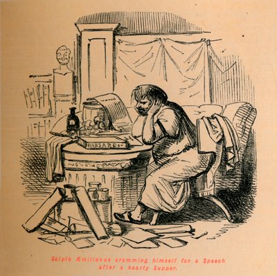 Scipio Aemilianus kokoaa itsensä puheeseen runsaan illallisen jälkeen, 1852 tekijältä John Leech