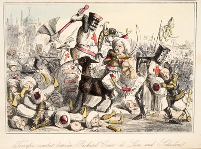Mahtava taistelu Richard Coeur de Lionin ja Saladinin välillä, The Comic History of England, pub. 1864 (käsin väritetty etsaus) tekijältä John Leech