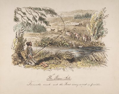 Joenvarsi, suotuisa tuuli ja taimen nousemassa niin nopeasti kuin mahdollista, 1830-64. tekijältä John Leech