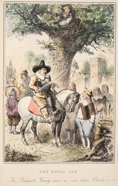 Kuninkaallinen tammi. Penderell-perheellä ei ole aavistustakaan, missä Charles on!!!, Englannin sarjakuvahistoriasta, pubista. 1864 (käsinvärinen etsaus) tekijältä John Leech