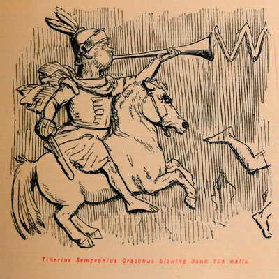 Tiberius Sempronius Gracchus puhaltamassa muureja, 1852 tekijältä John Leech