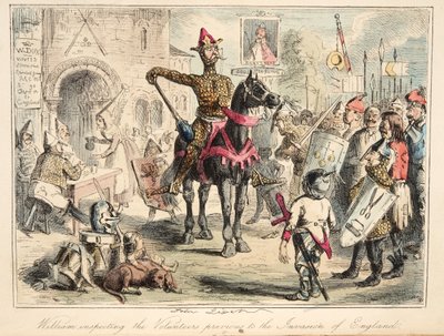 Vilhelm Valloittaja tarkastamassa vapaaehtoisia ennen Englannin valtausta, teoksesta The Comic History of England, pub. 1864 (käsin väritetty etsaus) tekijältä John Leech