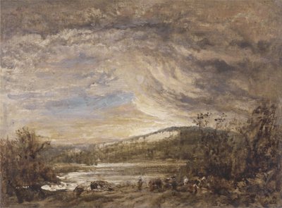 Jokimaisema, auringonlasku (öljy paneelissa) tekijältä John Linnell
