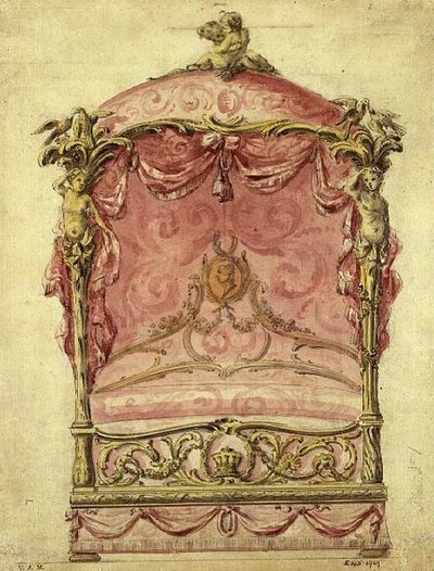 Englantilainen suunnittelu suurelle sängylle, n. 1760 tekijältä John Linnell