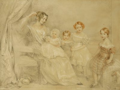 Muotokuva rouva W.S. Fry ja hänen neljä lasta: Emma, Willy, Julie ja Georgina, istuvat sisätiloissa, 1840 tekijältä John Linnell