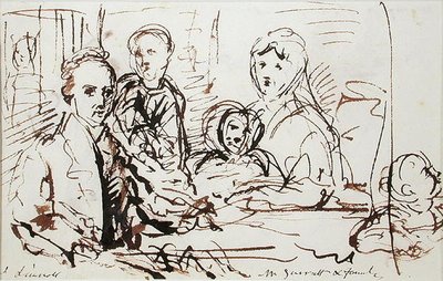 William Albin Garratt ja perhe, noin 1830 (tussi ja muste paperille). tekijältä John Linnell