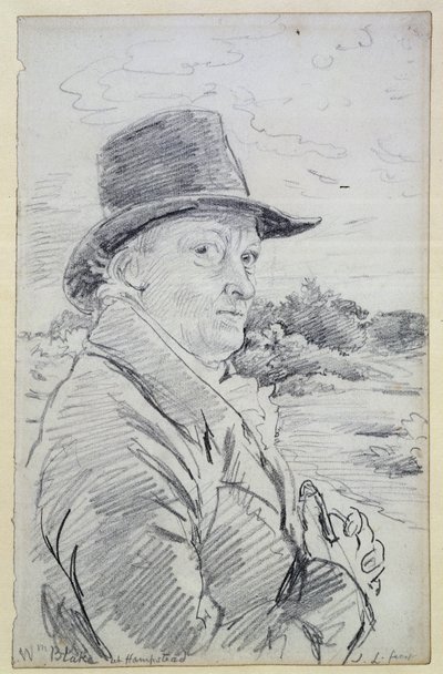 William Blake hattu päässään, (merkintä: Wm Blake at Hampstead) n.1825 (lyijykynä) tekijältä John Linnell