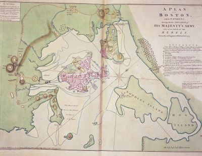 Bostonin ja sen ympäristön suunnitelma, joka näyttää brittijoukkojen ja kapinallisten amerikkalaisten joukkojen sijainnin, piirretty lokakuussa 1775, painettu 