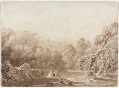 Mies soittamassa harppua muiden hahmojen kanssa järven rannalla, 1820. tekijältä John Martin