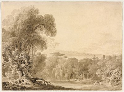 Figuurit istuvat järven rannalla metsäisessä maisemassa, 1820. tekijältä John Martin