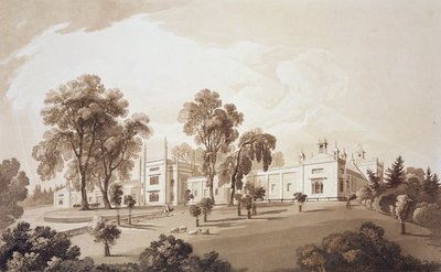 Näkymä maalaistalosta näytöllä talliin ja maatilarakennuksista Sezincote Houseen, kaivertanut Frederick Christian Lewis Snr. (1779-1856), n. 1817-18 (seepiaakvatinta) tekijältä John Martin