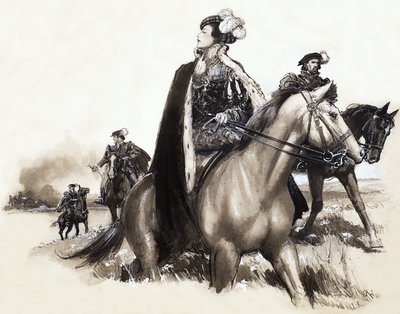 Tunnistamaton kuningatar poistuu savuavasta kaupungista saattueen saattamana. tekijältä John Millar Watt