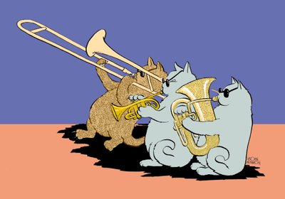Karikatyyri kolmesta kissasta, joilla on aurinkolasit ja jotka soittavat pasuunaa, trumpettia ja tuubaa. tekijältä John Minnion