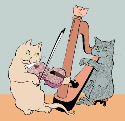 Karikatyyri kahdesta kissasta, jotka soittavat harppua ja alttoviulua. tekijältä John Minnion