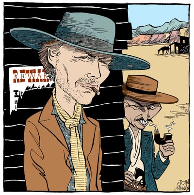 Clint Eastwood ja Lee Van Cleef, karikatyyri: John Minnion tekijältä John Minnion