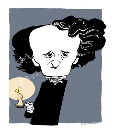 Edgar Allan Poe - karikatyyri, kädessä kynttilänjalka tekijältä John Minnion