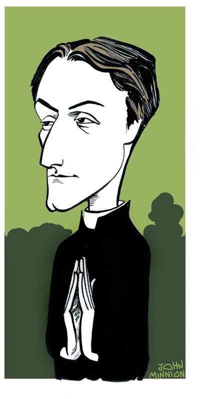 Gerard Manley Hopkins karikatyyri, englantilainen runoilija, roomalaiskatoliseksi kääntynyt ja jesuiittapappi: 28. heinäkuuta 1844 - 8. kesäkuuta 1889. tekijältä John Minnion