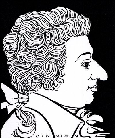 Wolfgang Amadeus Mozart - karikatyyri tekijältä John Minnion