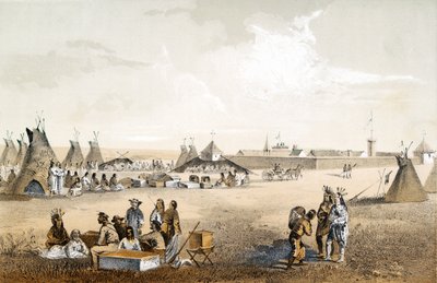 Fort Union ja tavaroiden jakelu Assiniboine, pub. 1860 tekijältä John Mix Stanley