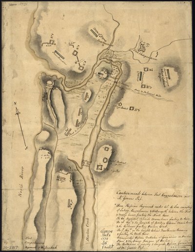 (Brittiläisten joukkojen sijoittaminen, linnoitukset Knipehausenin linnakkeesta pohjoiseen, eli Fort Washingtonista Fort Independenceen. LOC gm71002317 tekijältä John Montresor