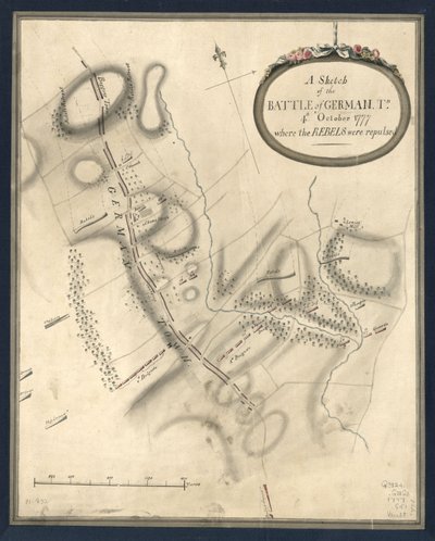 Luonnos Saksan taistelusta. Tn., 4. lokakuuta 1777, jossa kapinalliset torjuttiin. LOC gm71000932 tekijältä John Montresor