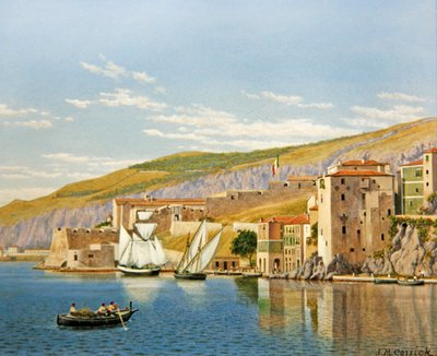 Näkymä Villefranche-sur-Meriin, Ranska (öljy aluksella) tekijältä John Mulcaster Carrick