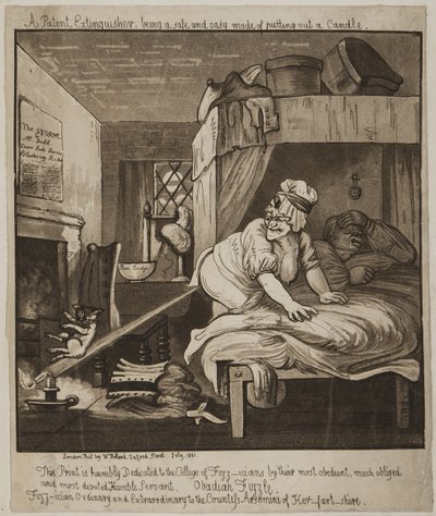 Patenttisammutin, joka on turvallinen ja helppo tapa sammuttaa kynttilä, 1801 (akvatintti). tekijältä John Nixon